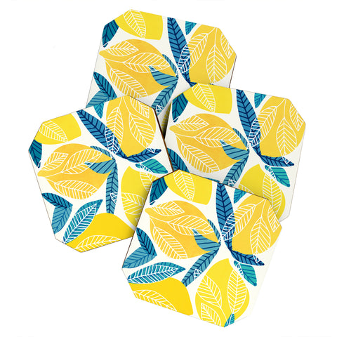 Modern Tropical Lemon Tree Abstract Fruit Art Coaster Set