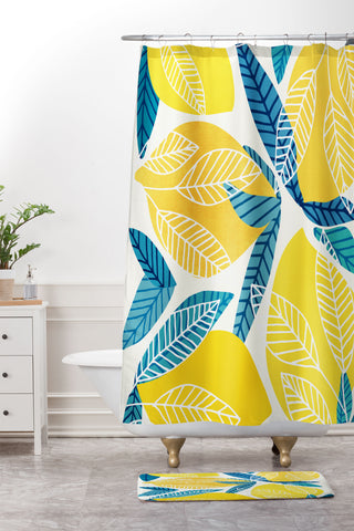 Modern Tropical Lemon Tree Abstract Fruit Art Shower Curtain And Mat