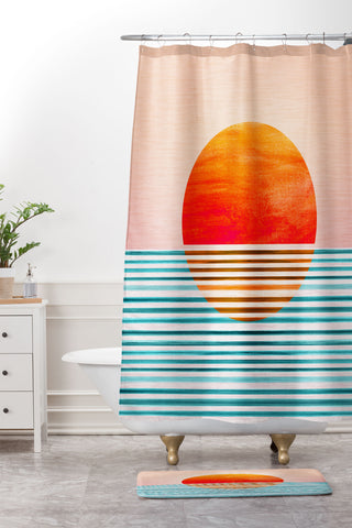 Modern Tropical Minimalist Sunset III Shower Curtain And Mat