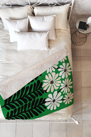 Modern Tropical Mod Flower Garden Black White Fleece Throw Blanket