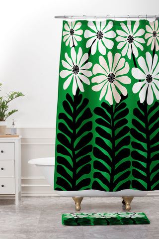 Modern Tropical Mod Flower Garden Black White Shower Curtain And Mat