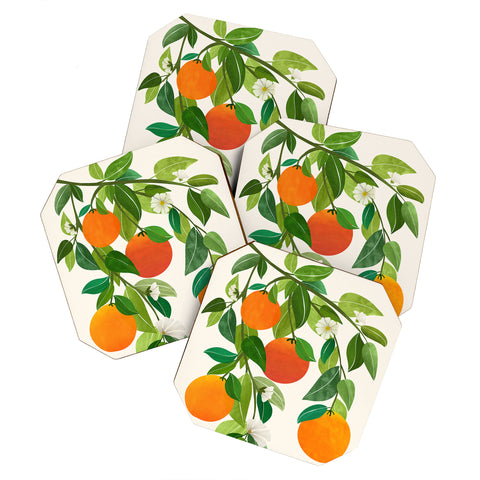 Modern Tropical Oranges and Blossoms II Tropical Fruit Coaster Set