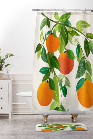 Modern Tropical Oranges and Blossoms II Tropical Fruit Shower Curtain And Mat