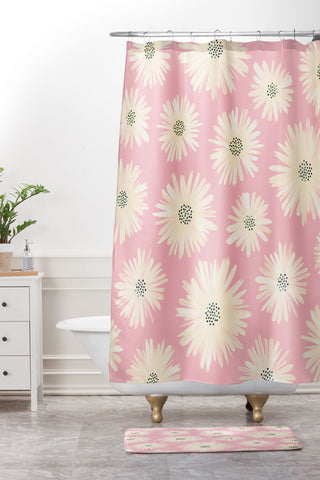 Modern Tropical Playful Pink Floral Shower Curtain And Mat
