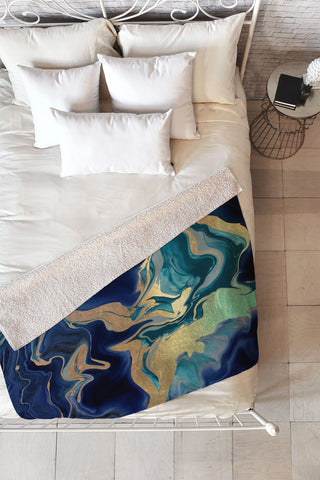 Monika Strigel DRAMAQUEEN GOLD INDIGO MARBLE Fleece Throw Blanket