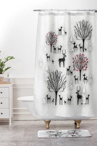Monika Strigel FARMHOUSE WINTER DEER AND FOREST Shower Curtain And Mat