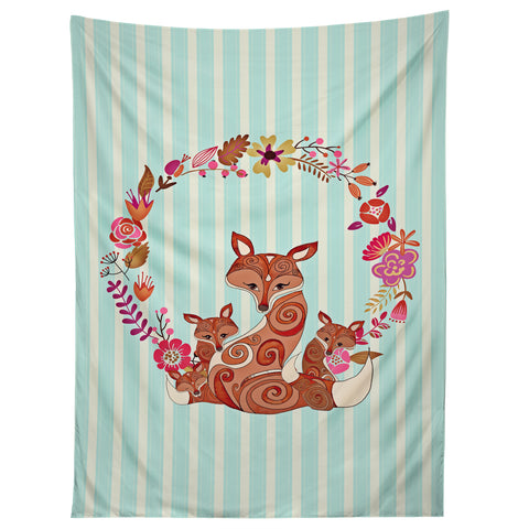 Monika Strigel Fox And Flowers And Blue Stripes Tapestry