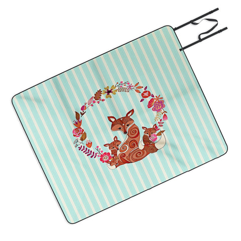 Monika Strigel Fox And Flowers And Blue Stripes Picnic Blanket