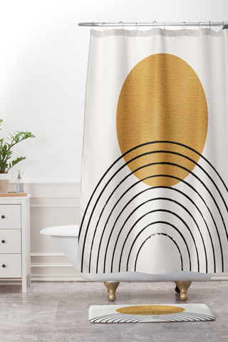 MoonlightPrint Gold Sun rainbow midcentury full Shower Curtain And Mat