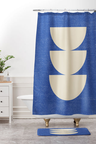 MoonlightPrint Half Circle 3 Blue Texture Shower Curtain And Mat