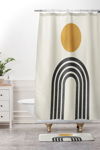 MoonlightPrint Mid century modern gold sun Shower Curtain And Mat