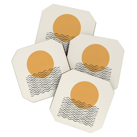 MoonlightPrint Ocean wave gold sunrise mid century Coaster Set