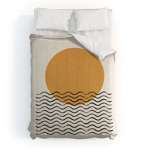 MoonlightPrint Ocean wave gold sunrise mid century Comforter