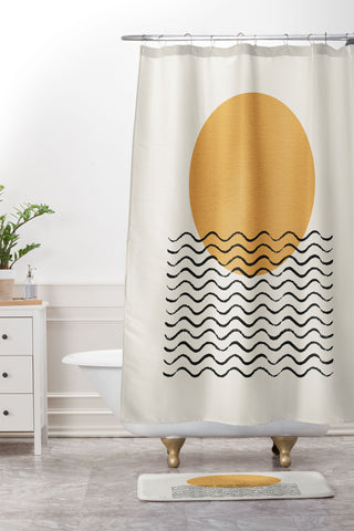 MoonlightPrint Ocean wave gold sunrise mid century Shower Curtain And Mat