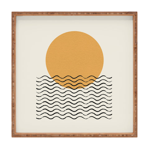 MoonlightPrint Ocean wave gold sunrise mid century Square Tray