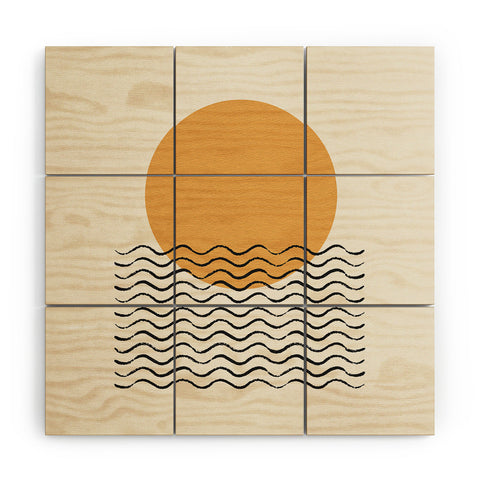 MoonlightPrint Ocean wave gold sunrise mid century Wood Wall Mural