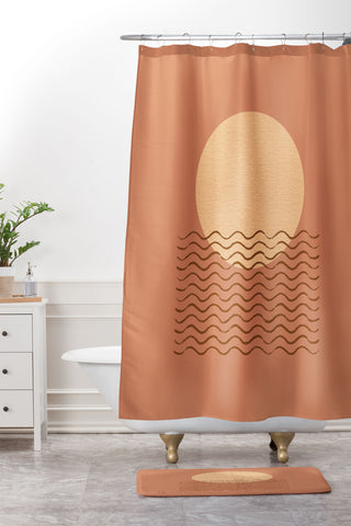 MoonlightPrint Ocean Wave Terracotta Mid Century Shower Curtain And Mat