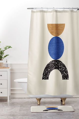MoonlightPrint Woodblocks Brown Blue Shower Curtain And Mat
