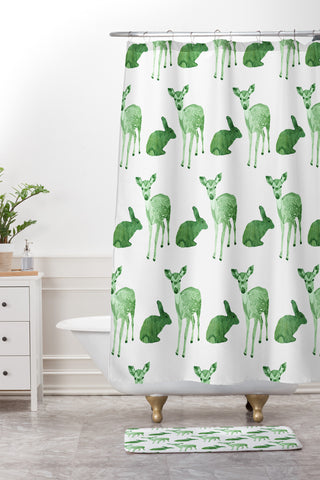 Morgan Kendall green woodland animals Shower Curtain And Mat