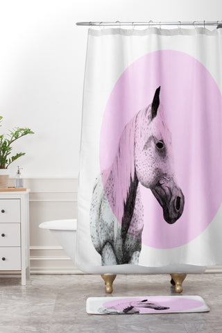 Morgan Kendall pink speckled horse Shower Curtain And Mat