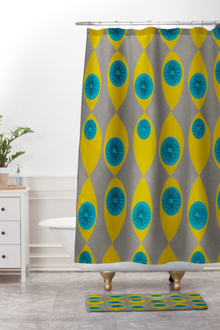 Mummysam Blue And Yellow Flower Shower Curtain And Mat