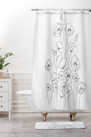Nadja Poppy Flowers Line Art Shower Curtain And Mat