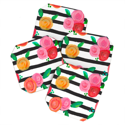 Natalie Baca Black Stripes and Blooms Coaster Set
