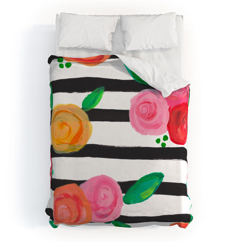 Natalie Baca Black Stripes and Blooms Duvet Cover