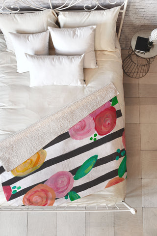 Natalie Baca Black Stripes and Blooms Fleece Throw Blanket