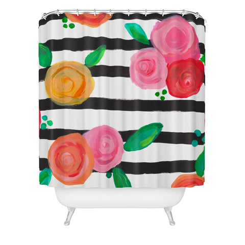 Natalie Baca Black Stripes and Blooms Shower Curtain