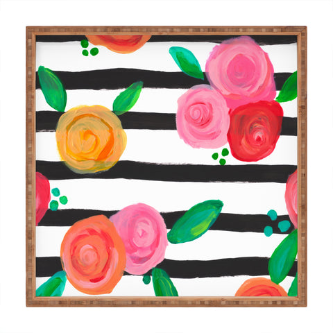 Natalie Baca Black Stripes and Blooms Square Tray
