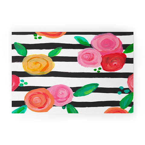Natalie Baca Black Stripes and Blooms Welcome Mat