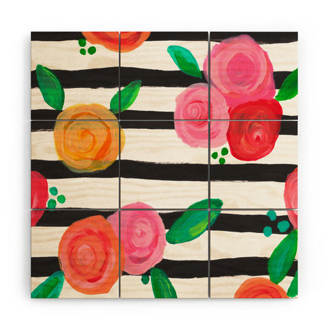 Natalie Baca Black Stripes and Blooms Wood Wall Mural