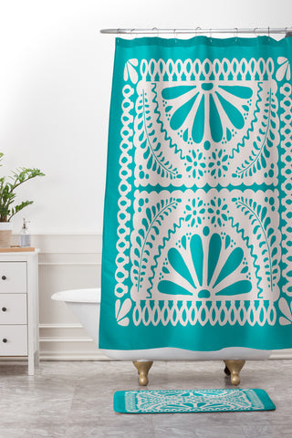 Natalie Baca Fiesta De Flores in Turquoise Shower Curtain And Mat