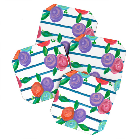 Natalie Baca Indigo Stripes and Blooms Coaster Set