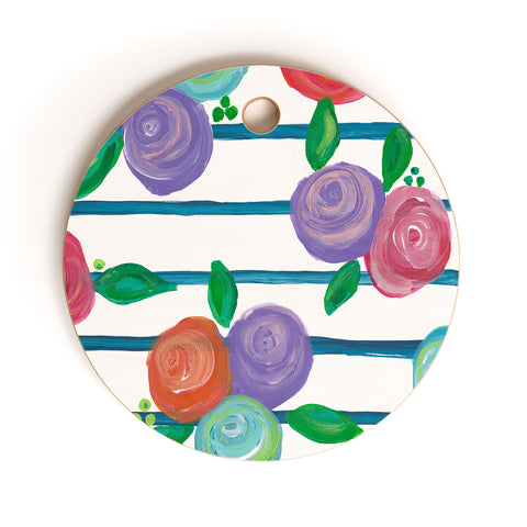 Natalie Baca Indigo Stripes and Blooms Cutting Board Round