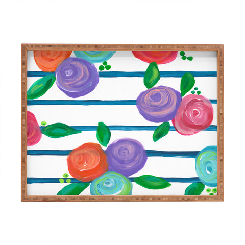 Natalie Baca Indigo Stripes and Blooms Rectangular Tray