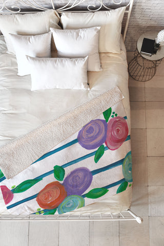 Natalie Baca Indigo Stripes and Blooms Fleece Throw Blanket