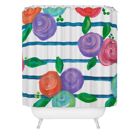 Natalie Baca Indigo Stripes and Blooms Shower Curtain