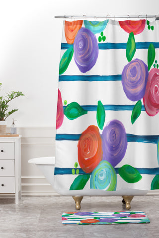 Natalie Baca Indigo Stripes and Blooms Shower Curtain And Mat