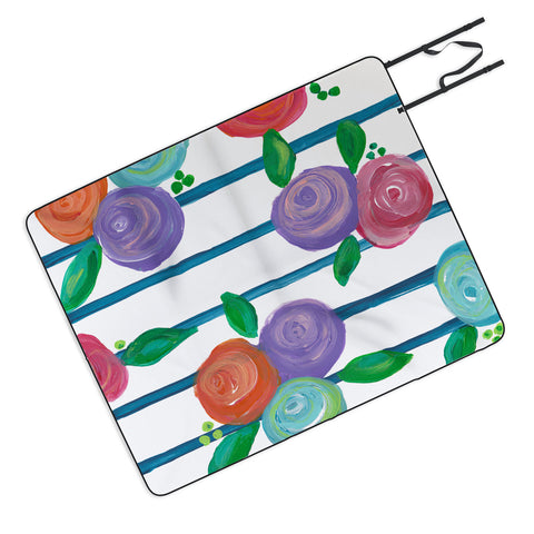 Natalie Baca Indigo Stripes and Blooms Picnic Blanket
