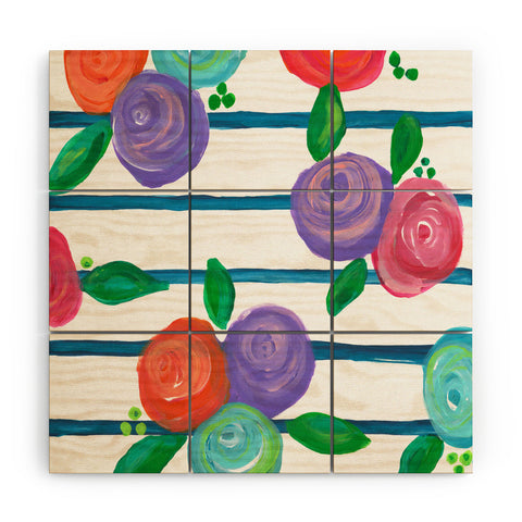Natalie Baca Indigo Stripes and Blooms Wood Wall Mural