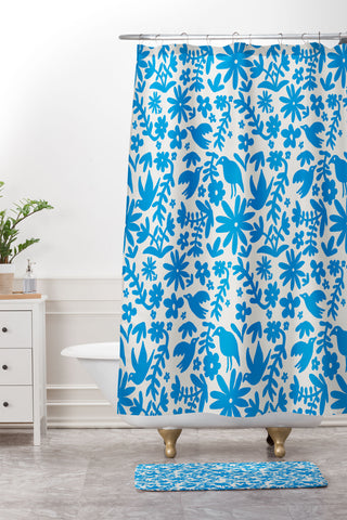 Natalie Baca Otomi Party Blue Shower Curtain And Mat