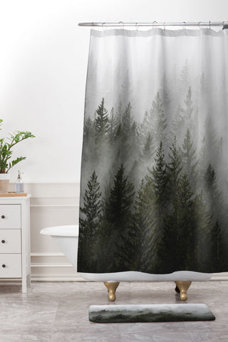 Nature Magick Foggy Fir Forest Fantasy Shower Curtain And Mat