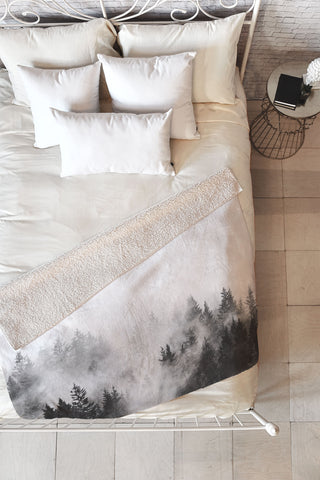 Nature Magick Foggy Trees Black and White Fleece Throw Blanket