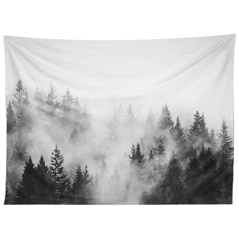 Nature Magick Foggy Trees Black and White Tapestry