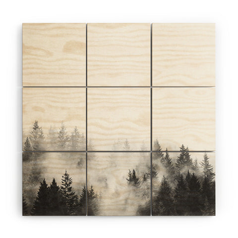 Nature Magick Foggy Trees Black and White Wood Wall Mural