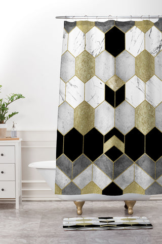 Nature Magick Gold Geometric Marble Shower Curtain And Mat