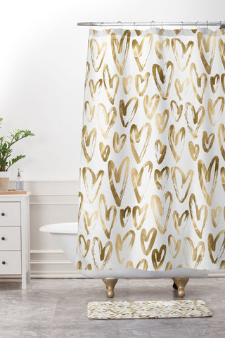 Nature Magick Gold Love Hearts Pattern Shower Curtain And Mat