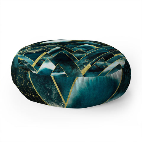 Nature Magick Gold Teal Geometric Mountains Floor Pillow Round